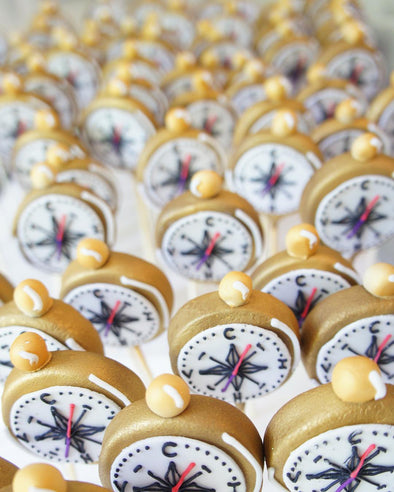 Golden compass cake pops - Tuck Box Cakes