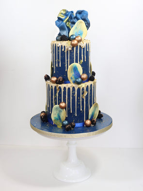 Blue And Gold Drip Cake