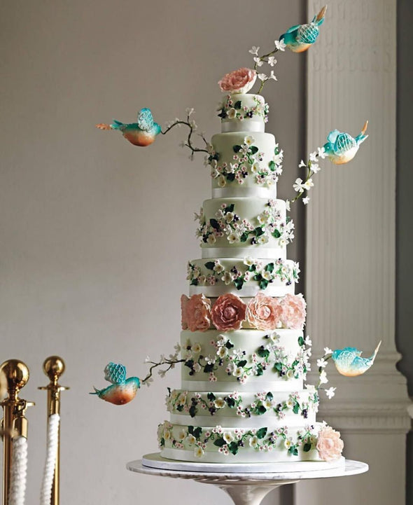 Bluebirds dressing cake mid air - Tuck Box Cakes