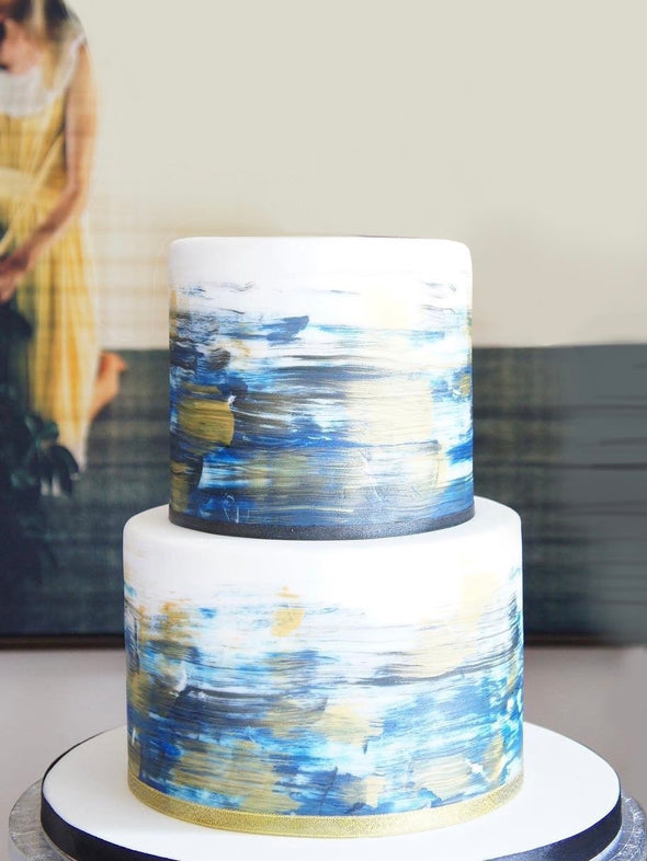 Blue and gold brush stroke cake