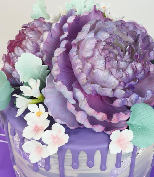 Purple And Silver Floral Drip Cake